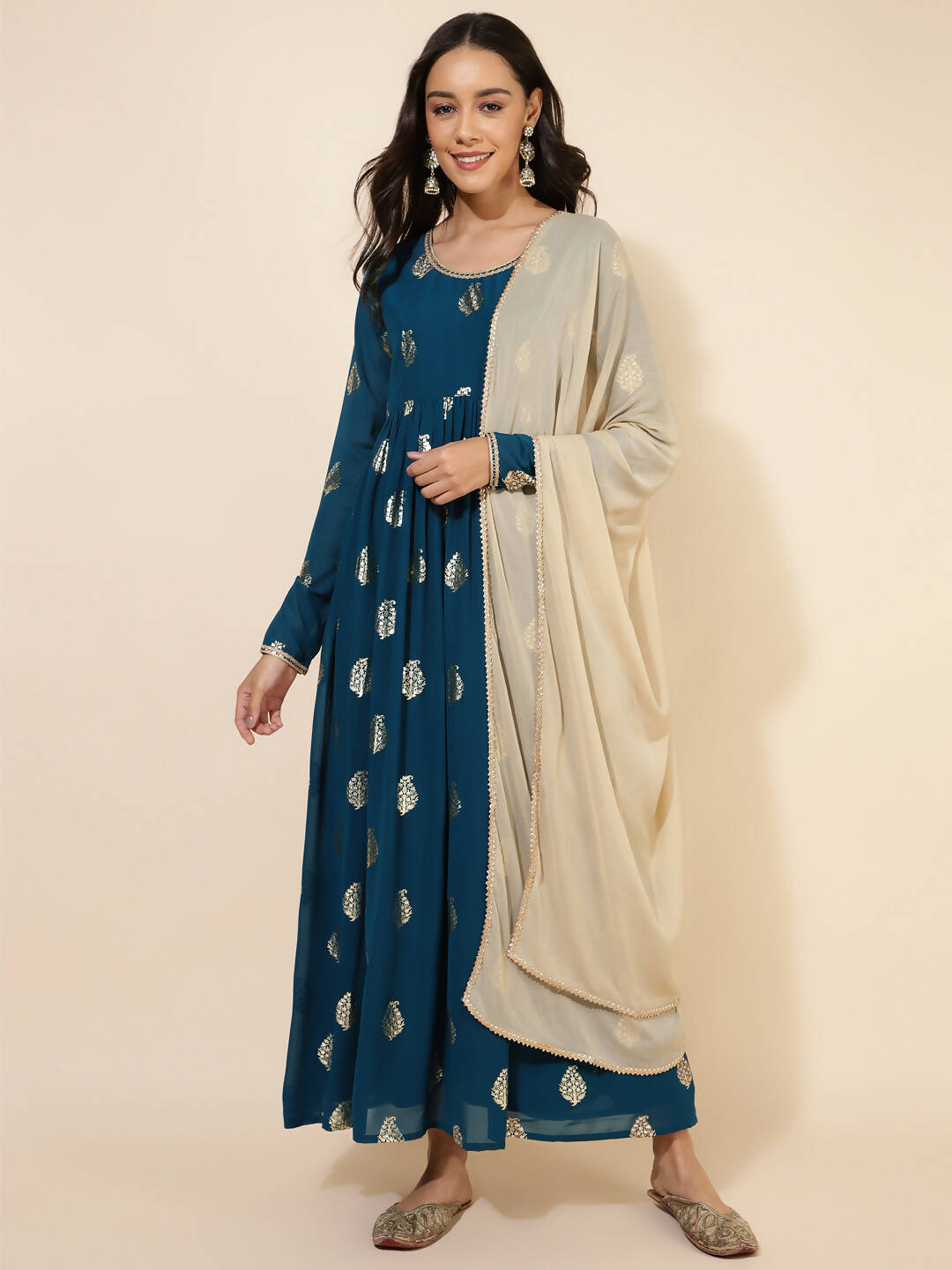 Janasya Women's Teal Blue Georgette Foil Printed Festive Flared Kurta Set