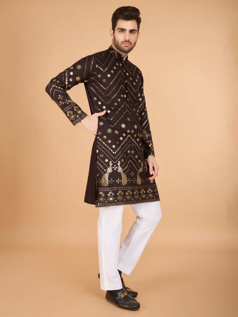 Vastranavya Brown Exclusive Festival Wear Pure Viscose Rayon Embroidered Sequence Work Kurta