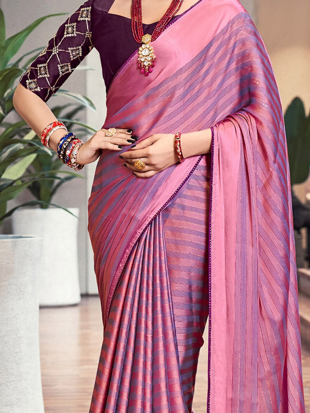 Saree Mall Magenta & Purple Striped Zari Saree - Distacart