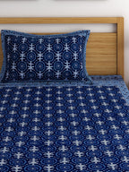 Rajasthan Decor Navy Blue Block Print 144 TC Cotton 1 Single Bedsheet with 2 Pillow Covers