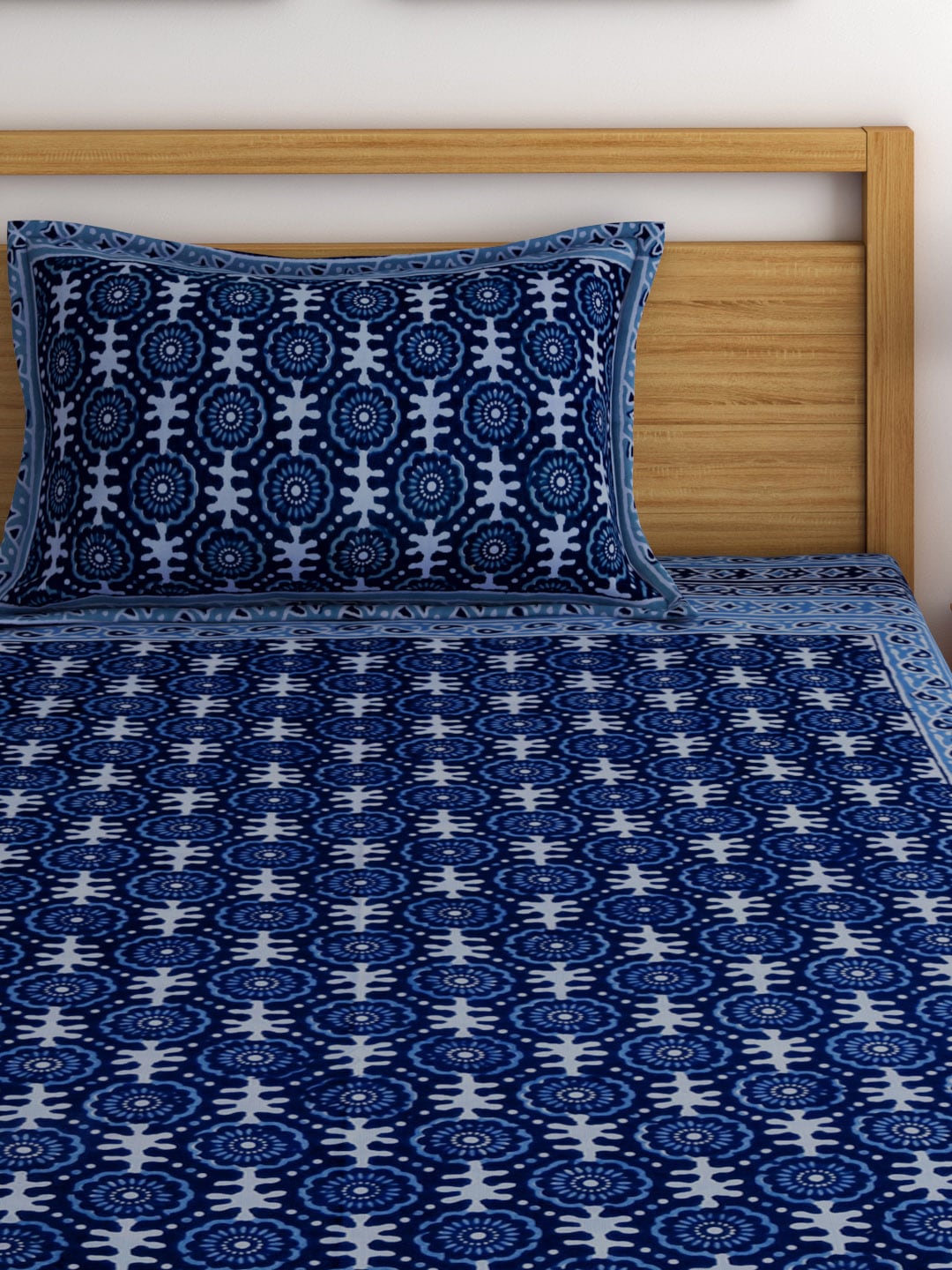 Rajasthan Decor Navy Blue Block Print 144 TC Cotton 1 Single Bedsheet with 2 Pillow Covers