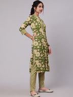 Aks Floral Printed Mandarin Collar Pure Cotton Kurta with Trousers