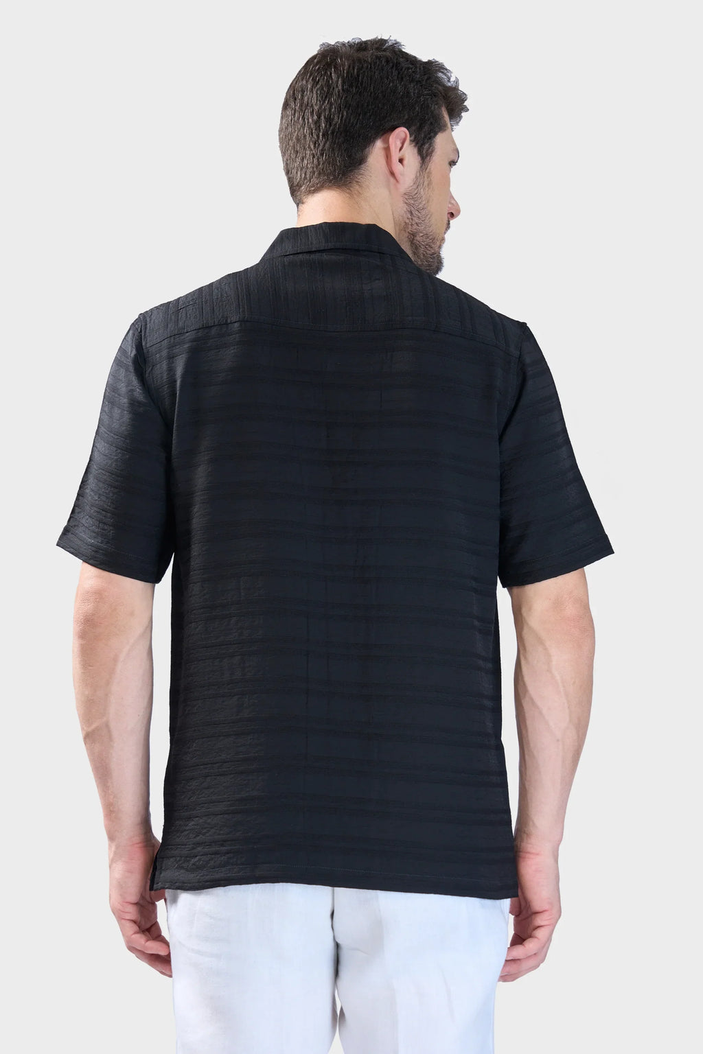 Xkind Black Horizontal Pleated Stripes Relaxed Fit Shirt