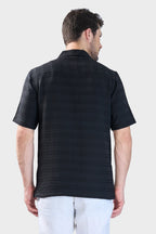 Xkind Black Horizontal Pleated Stripes Relaxed Fit Shirt