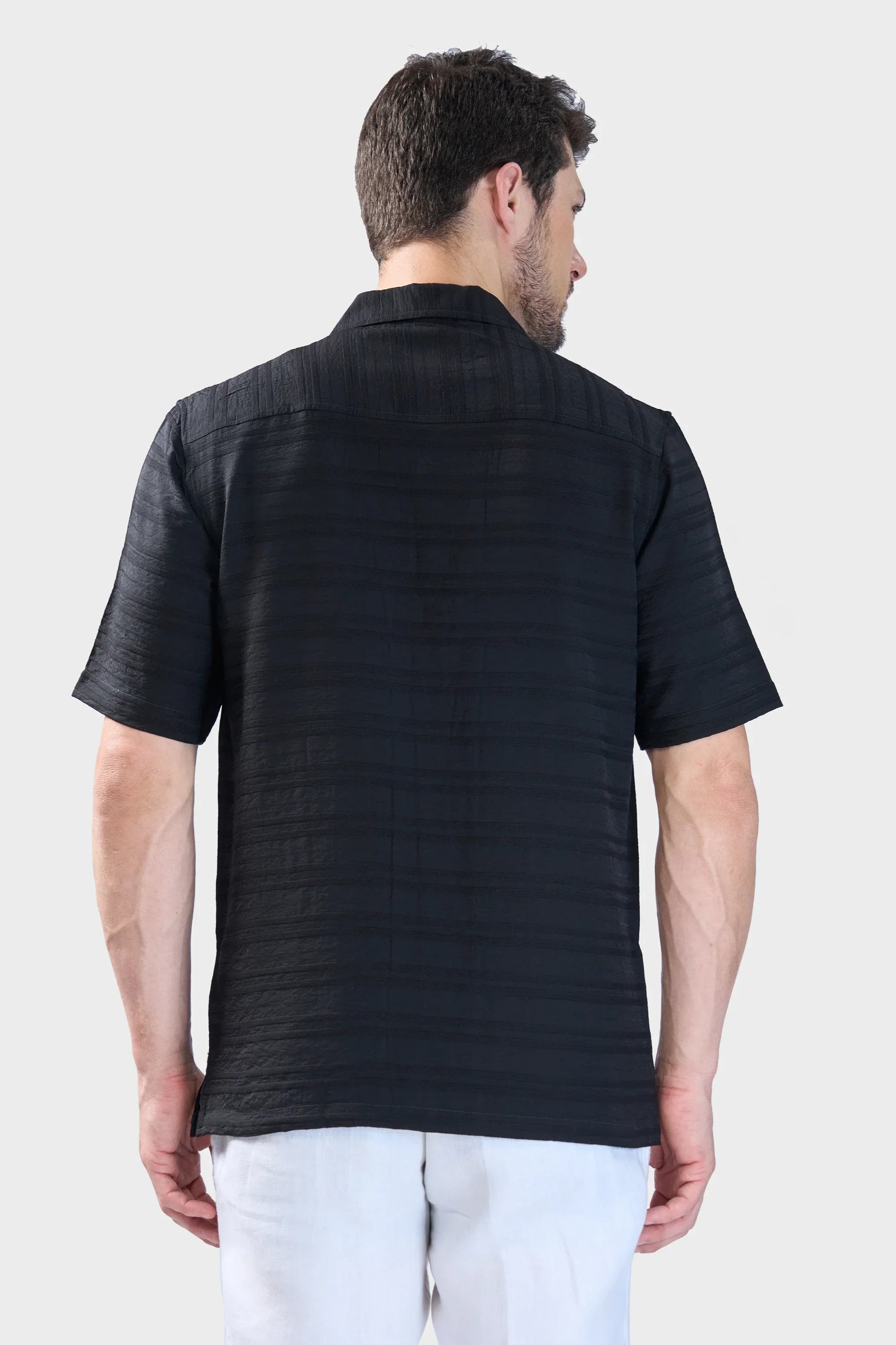 Xkind Black Horizontal Pleated Stripes Relaxed Fit Shirt