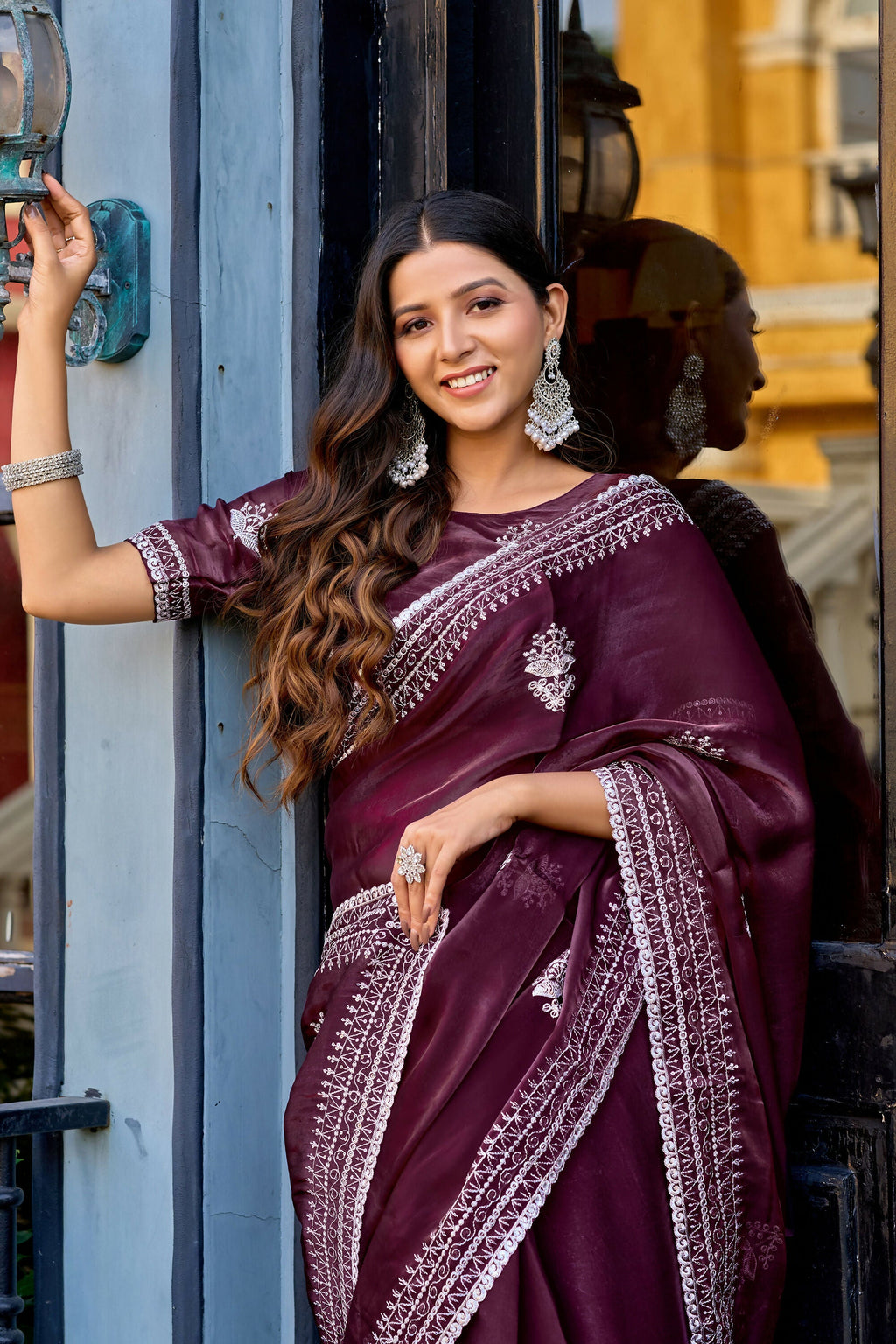 Vastranavya Wine Embroidery Work Shimmer Chiffon Saree with Unstitched Blouse - Distacart