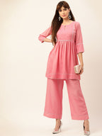 Sangria Peach-Coloured Zari Gotta Patti Pleated A-Line Pure Cotton Kurti With Palazzo