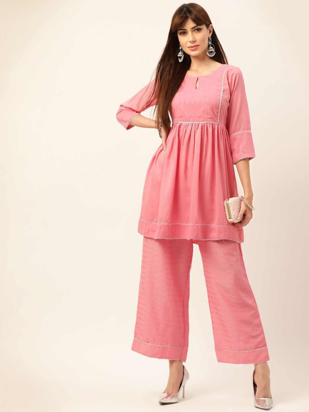 Sangria Peach-Coloured Zari Gotta Patti Pleated A-Line Pure Cotton Kurti With Palazzo