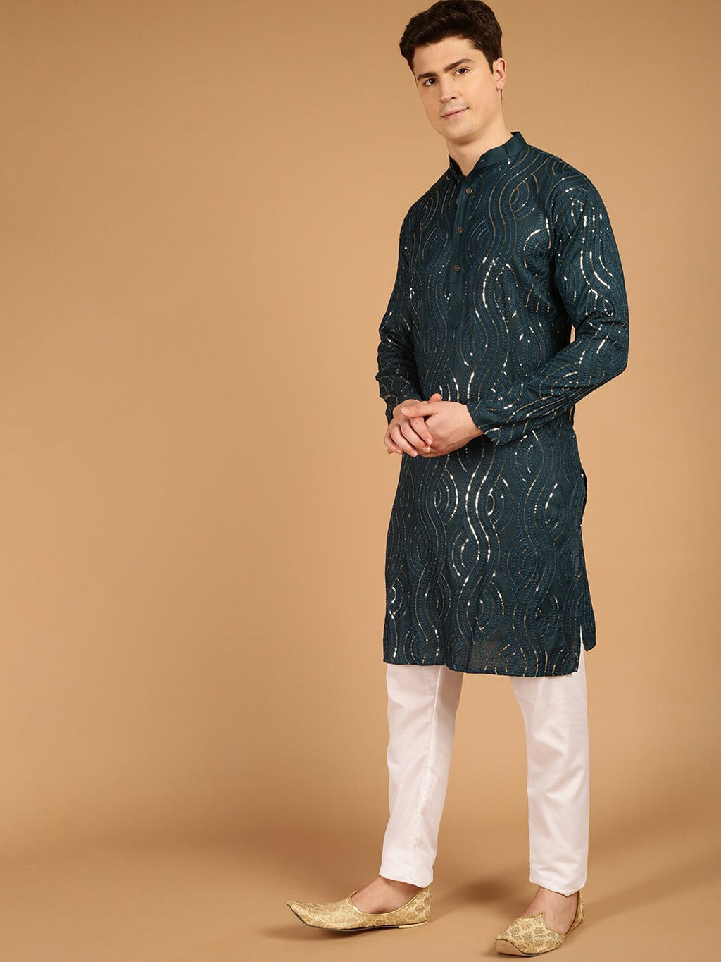 Sojanya Ethnic Motif Embroidered Band Collar Sequinned Pure Cotton Kurta