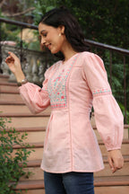 Juniper Women's Peach Cotton Dobby Solid Embroidered Straight Tunic - Distacart