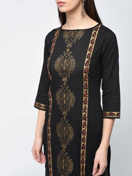 Aniyah Cotton Block Printed Latest Black Straight Kurta (AN-122K)