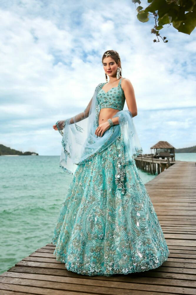 House of Panchhi Turquoise Blue Net Sequins And Zarkan Embroidery Lehenga Choli & Dupatta