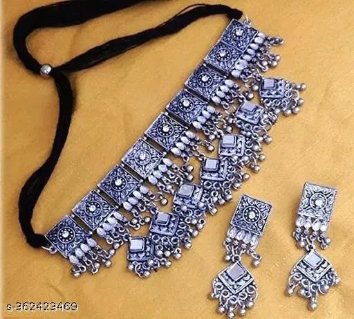 Tehzeeb Creations Women's Silver Colour Oxidised Necklace Set With Mirror Work