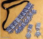 Tehzeeb Creations Women's Silver Colour Oxidised Necklace Set With Mirror Work