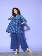Ahalyaa Blue Pure Cotton Tunic & Palazzos Ethnic Co-Ords - Distacart