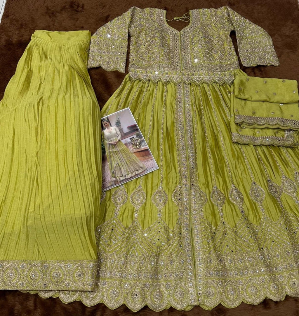 Anaita Olive Chinon Silk Stitched Anarkali Suit With Embroidered & Sequined Work - Distacart