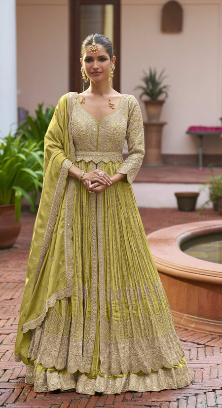 Anaita Olive Chinon Silk Stitched Anarkali Suit With Embroidered & Sequined Work