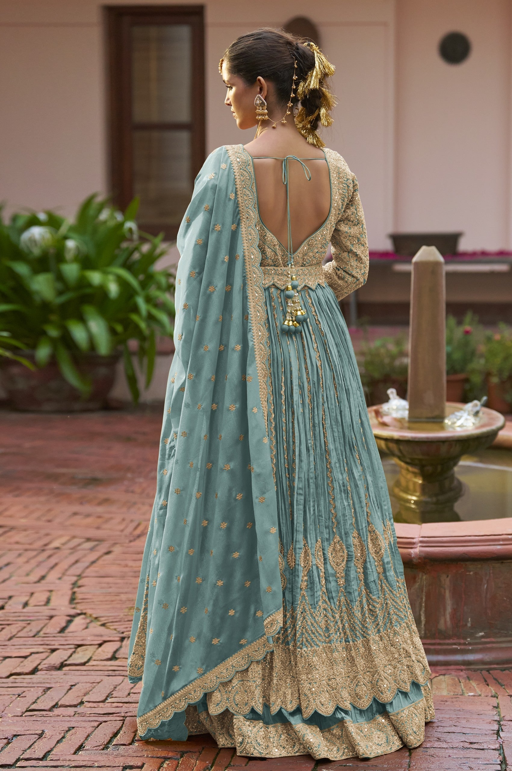Anaita Blue Chinon Silk Stitched Anarkali Suit With Embroidered & Sequined Work - Distacart
