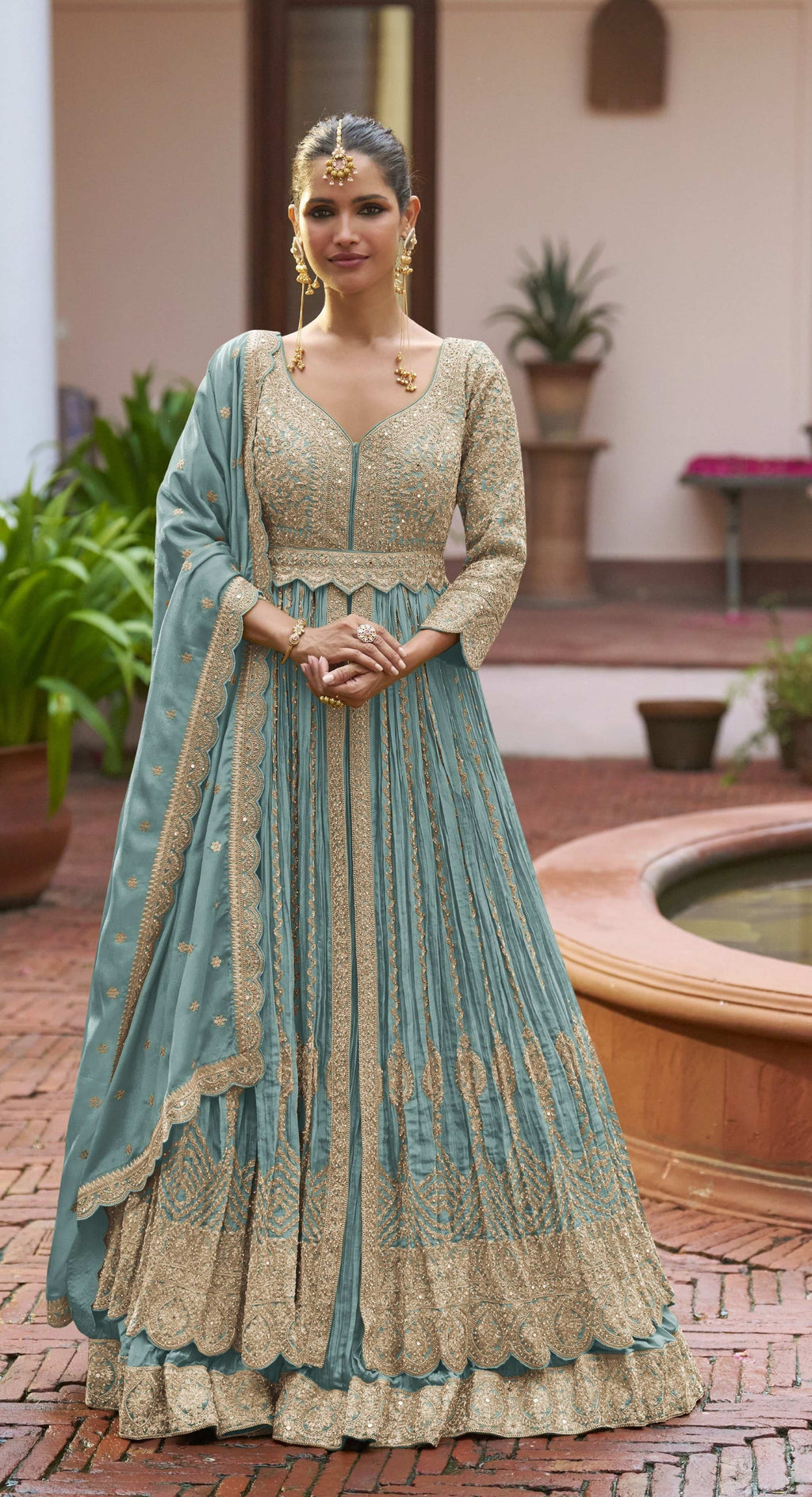 Anaita Blue Chinon Silk Stitched Anarkali Suit With Embroidered & Sequined Work - Distacart