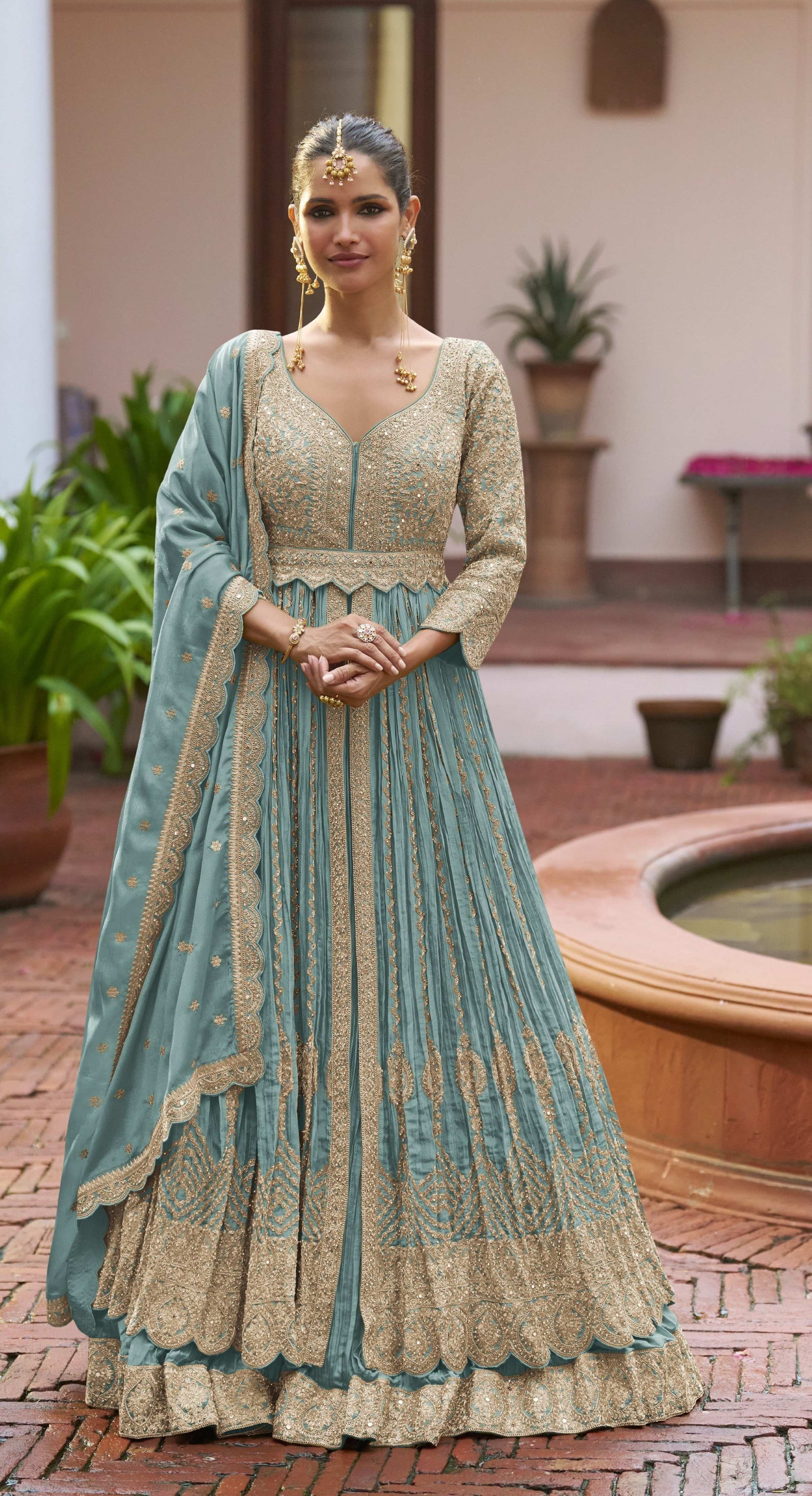 Anaita Blue Chinon Silk Stitched Anarkali Suit With Embroidered & Sequined Work - Distacart