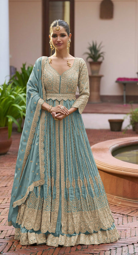 Anaita Blue Chinon Silk Stitched Anarkali Suit With Embroidered & Sequined Work