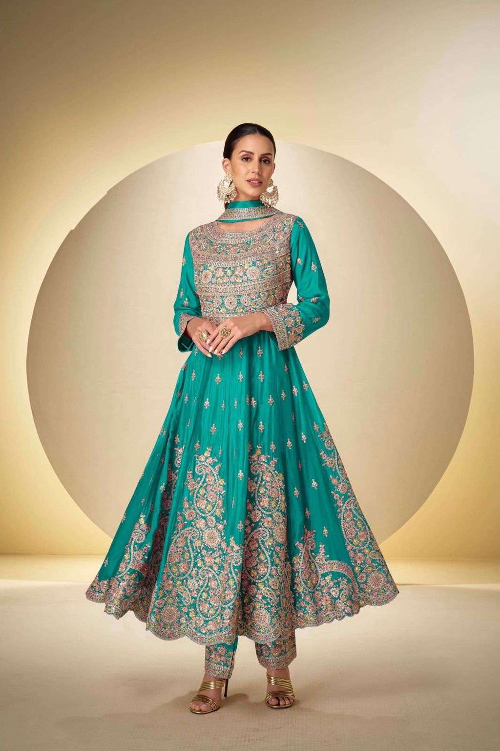 Anaita Turquoise Chinon Stitched Anarkali Suit With Codding Dori & Sequence Work - Distacart