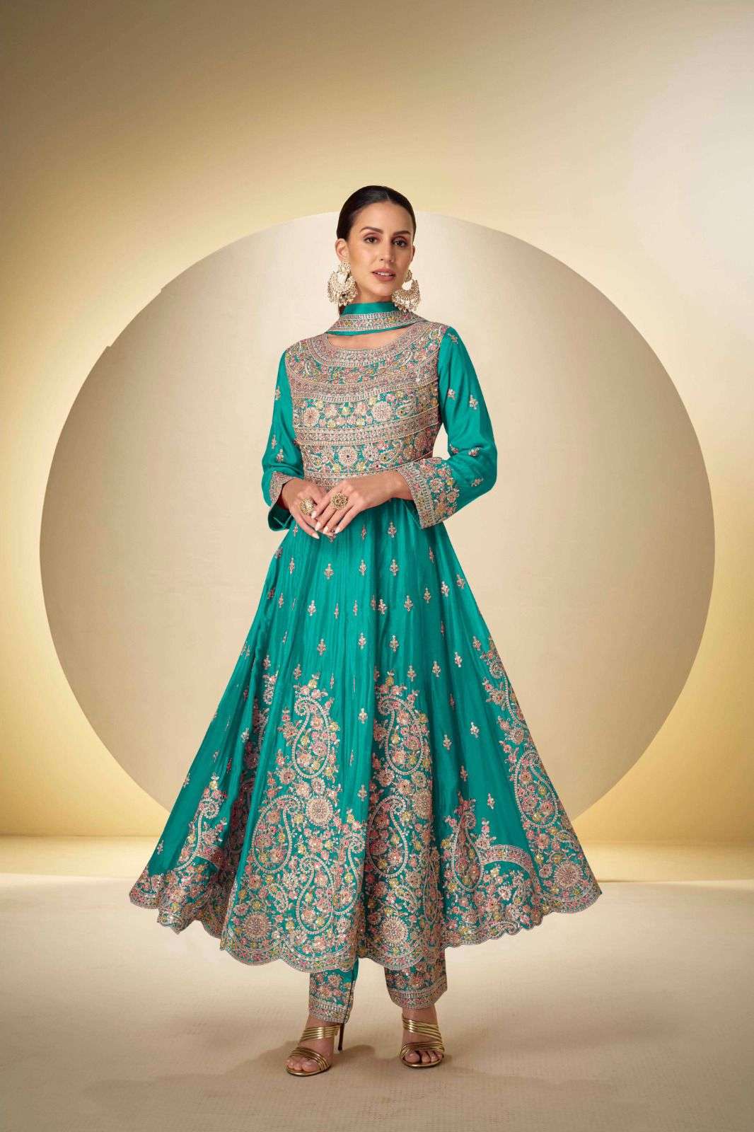 Anaita Turquoise Chinon Stitched Anarkali Suit With Codding Dori & Sequence Work - Distacart