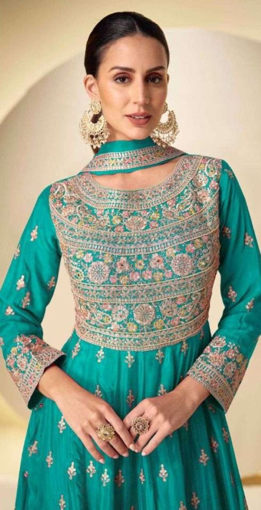 Anaita Turquoise Chinon Stitched Anarkali Suit With Codding Dori & Sequence Work - Distacart