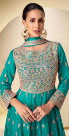 Anaita Turquoise Chinon Stitched Anarkali Suit With Codding Dori & Sequence Work - Distacart