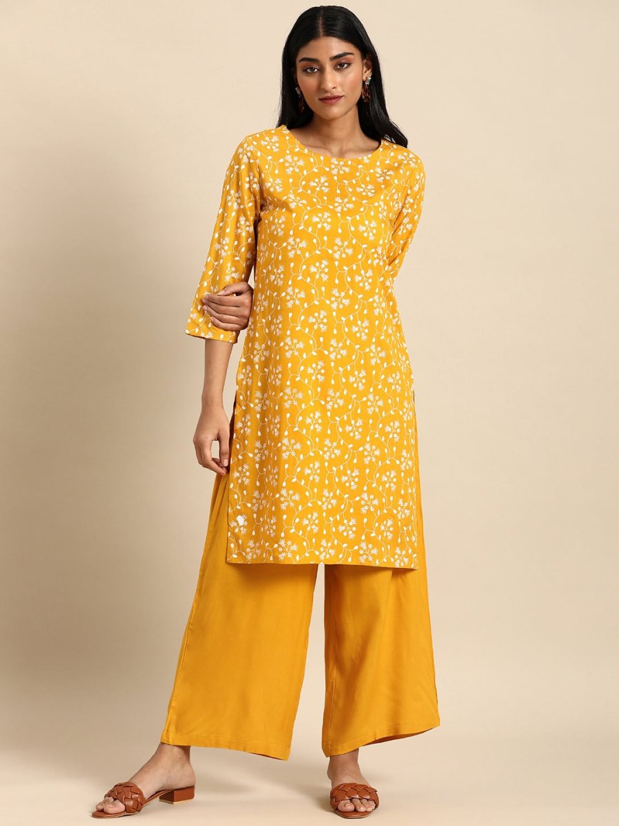 All About You Women Yellow Floral Printed Pure Cotton Kurta with Palazzos