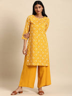 All About You Women Yellow Floral Printed Pure Cotton Kurta with Palazzos