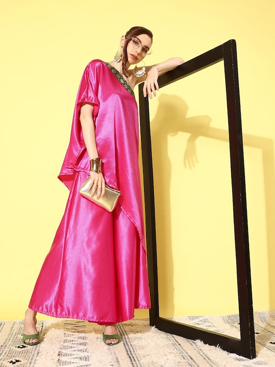 InWeave Women's Pink Green Brocade Satin Oneshoulder Kurta Set