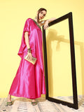 InWeave Women's Pink Green Brocade Satin Oneshoulder Kurta Set