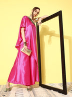 InWeave Women's Pink Green Brocade Satin Oneshoulder Kurta Set