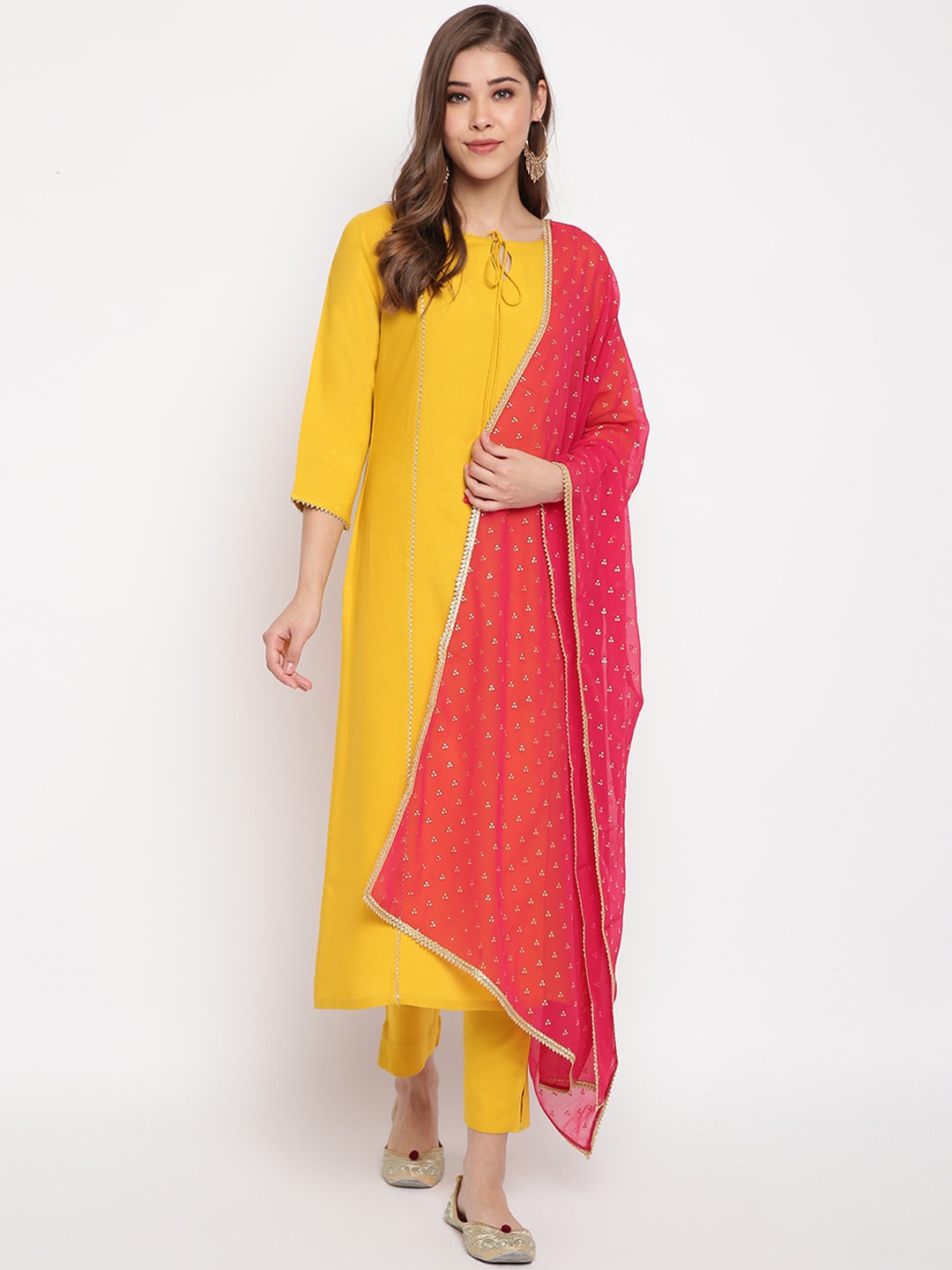 Janasya Mustard Yellow Solid Kurta with Trousers & Dupatta - Distacart