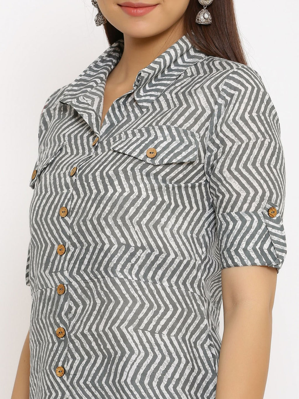 HERE&NOW Grey Shirt Collar Chevron Printed Roll Up Sleeves A-Line Kurta