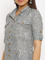 HERE&NOW Grey Shirt Collar Chevron Printed Roll Up Sleeves A-Line Kurta
