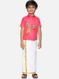 Sethukrishna Boys Pink & White Printed Shirt With Pure Cotton Dhoti Pants