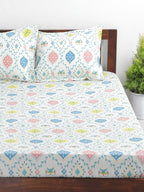 Chumbak White & Blue Ethnic Motifs 136 TC Cotton 1 Queen Bedsheet with 2 Pillow Covers