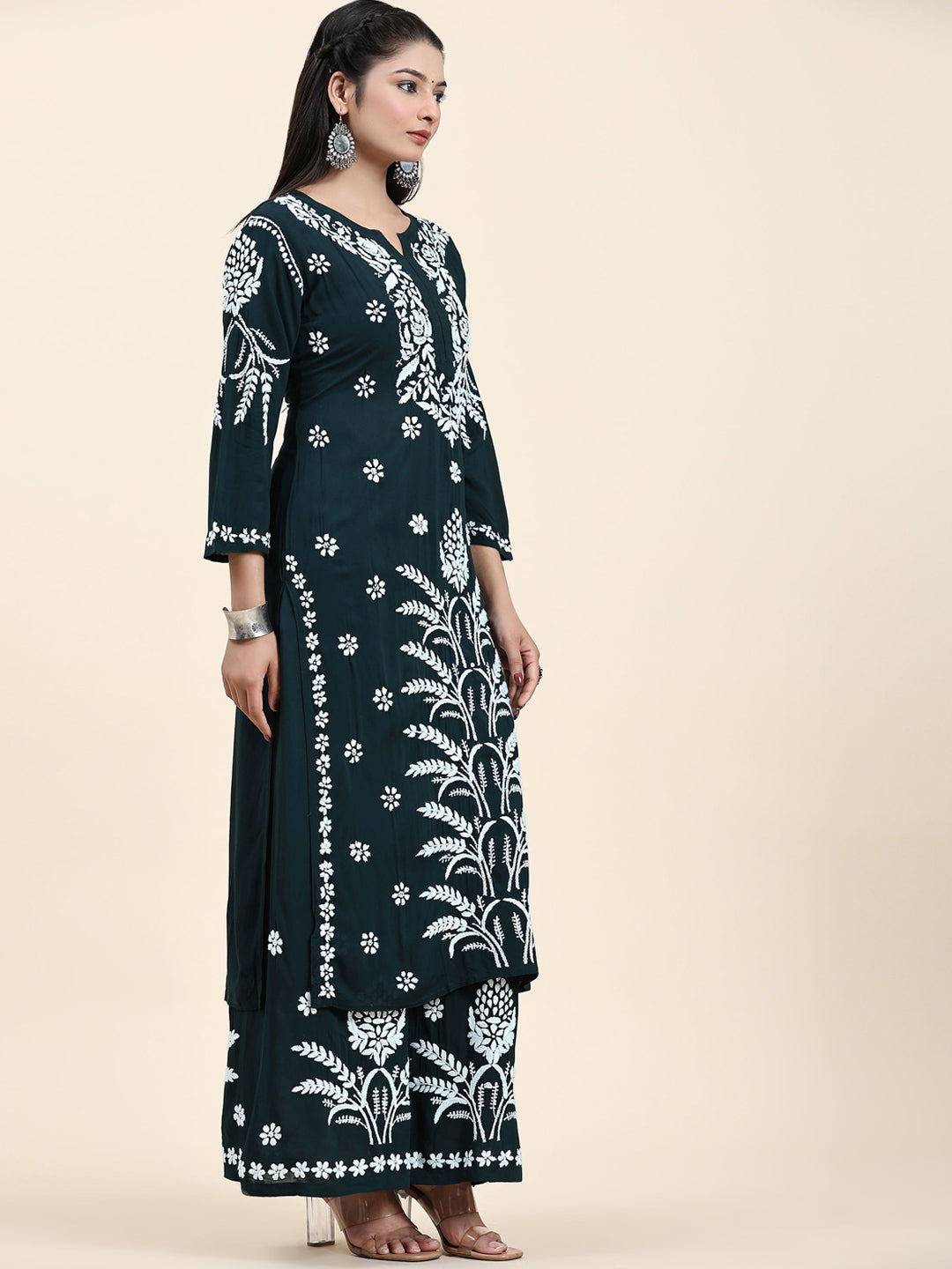 HOUSE OF KARI Floral Embroidered Chikankari Pure Cotton Straight Kurta With Palazzo