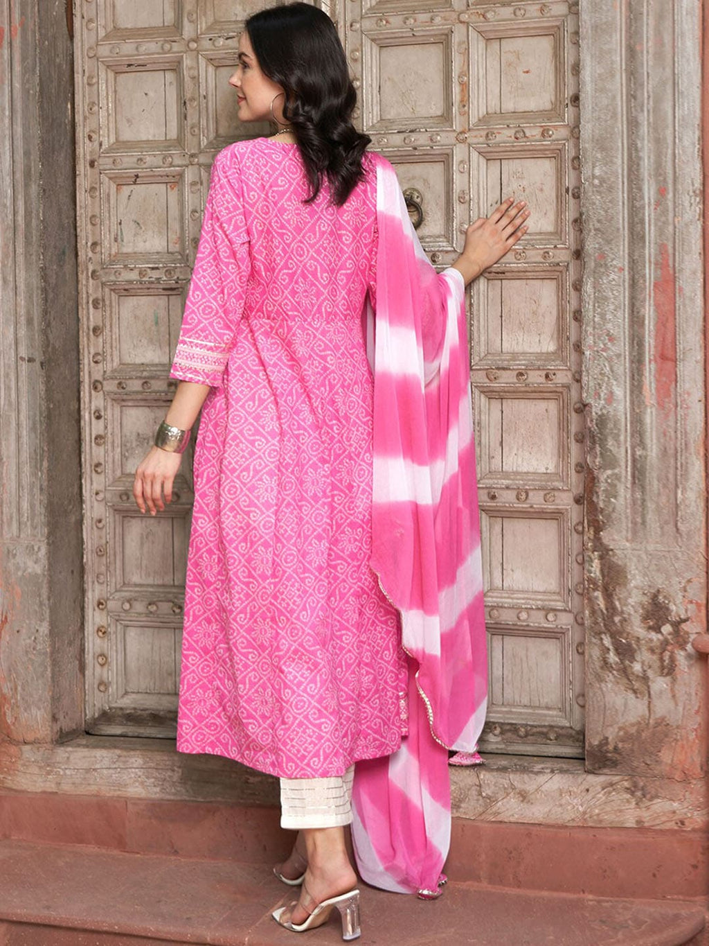 Sangria Pink Bandhani Printed Angrakha Mirror Work Pure Cotton Kurta Set