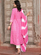 Sangria Pink Bandhani Printed Angrakha Mirror Work Pure Cotton Kurta Set