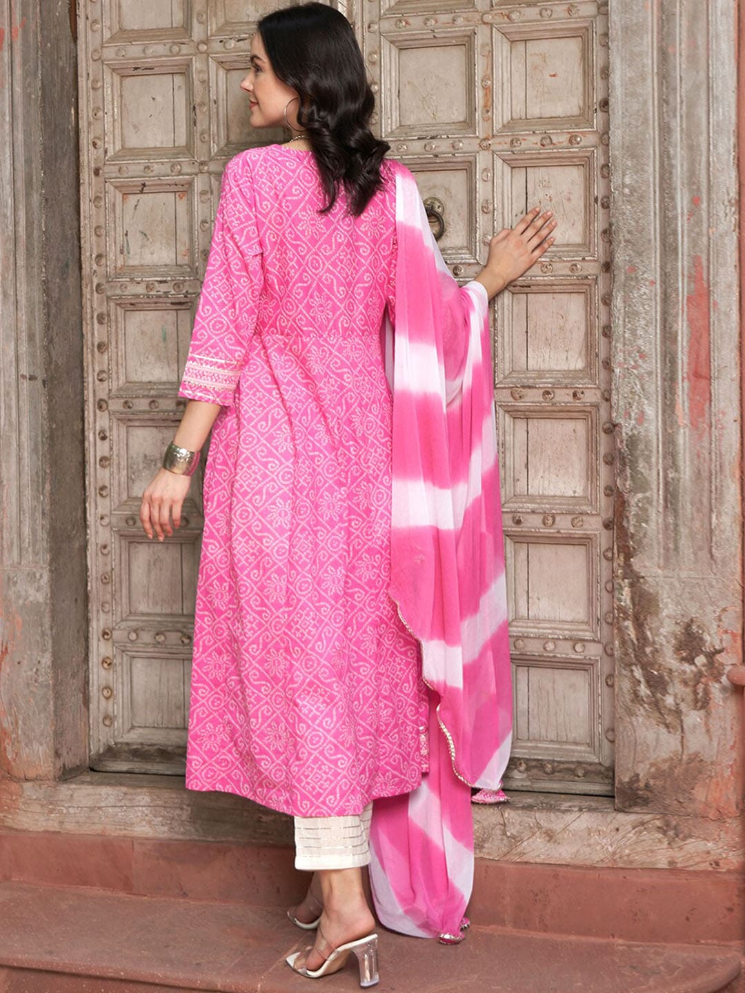 Sangria Pink Bandhani Printed Angrakha Mirror Work Pure Cotton Kurta Set