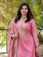 The52 Women's Gorgeous Cotton Blend Embroidery Straight Kurta with Pant And Dupatta Set - Distacart