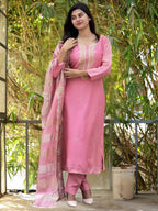 The52 Women's Gorgeous Cotton Blend Embroidery Straight Kurta with Pant And Dupatta Set - Distacart