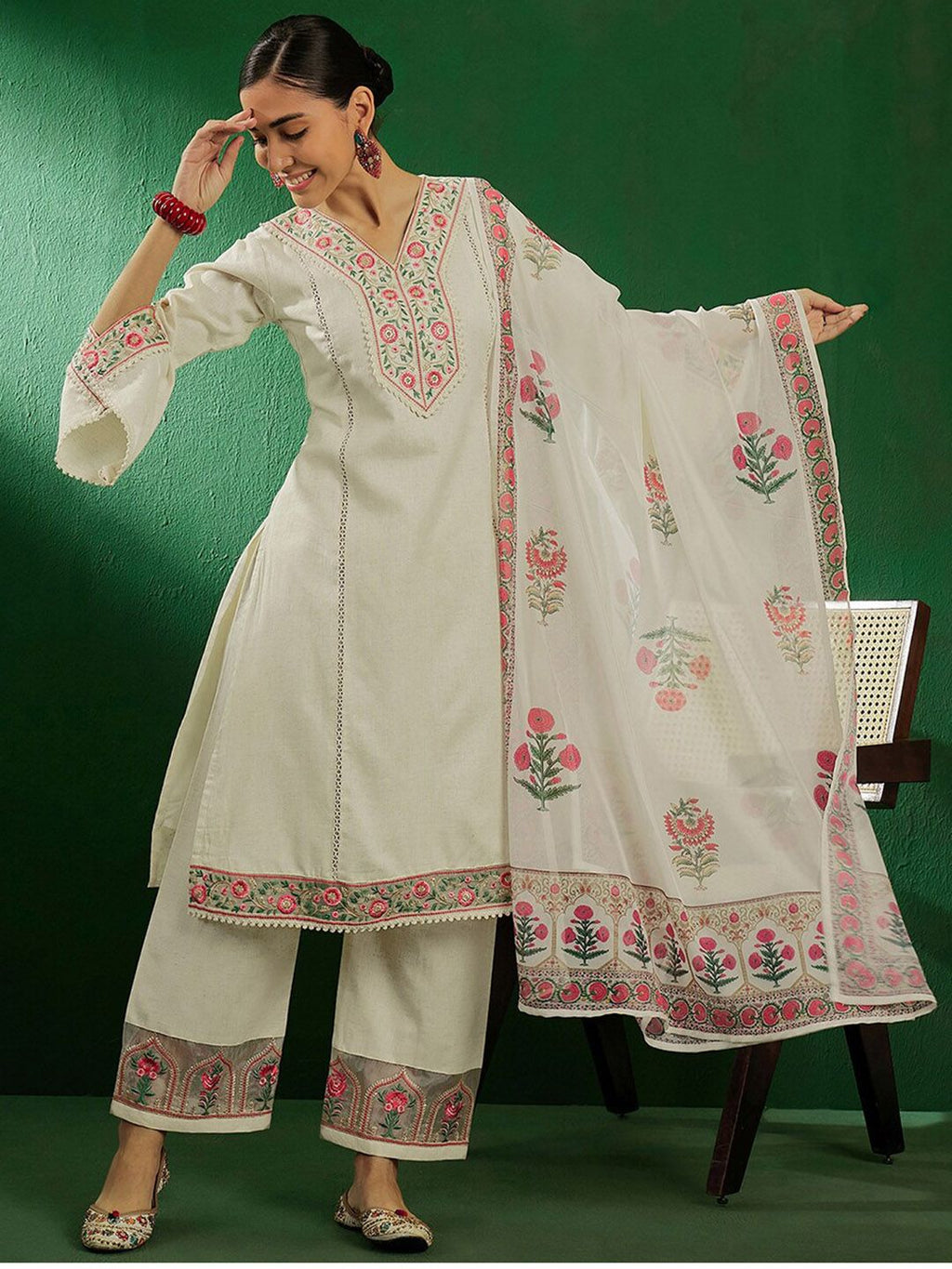 Sangria Off White Floral Embroidered Pure Cotton Kurta With Palazzo & Dupatta