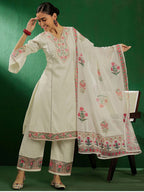 Sangria Off White Floral Embroidered Pure Cotton Kurta With Palazzo & Dupatta