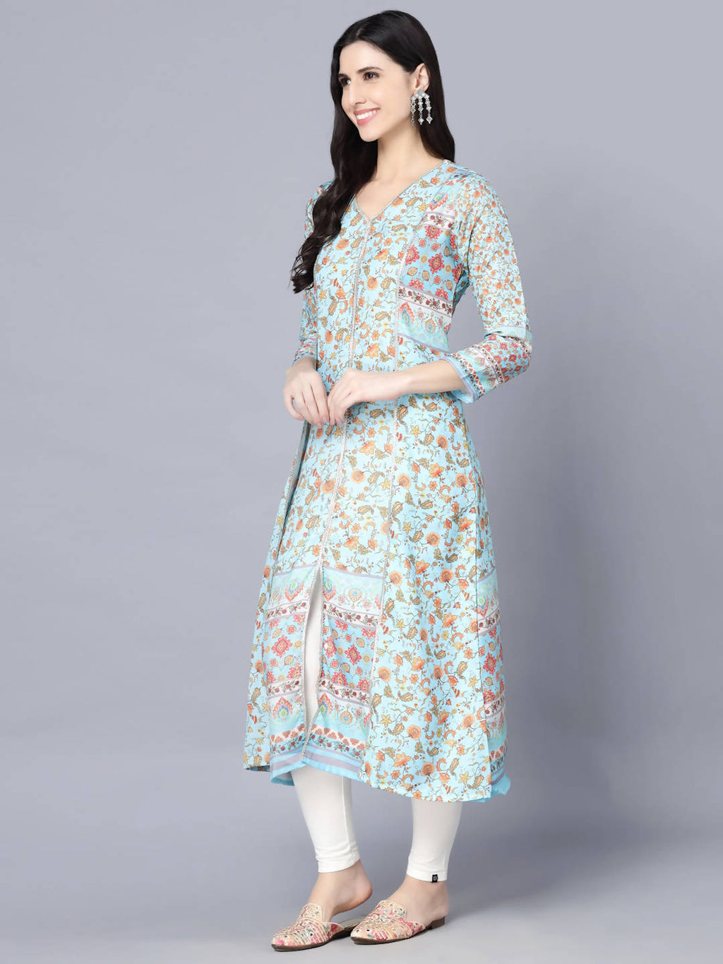 Myshka Women Blue Floral Printed Thread Work Anarkali Kurta - Distacart