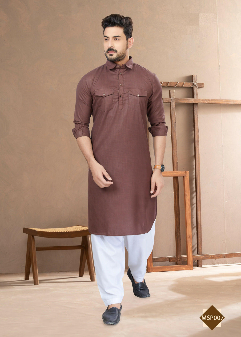 Joban Fashion Men's Light Brown Heavy Cotton Plain Kurta Pyjama set