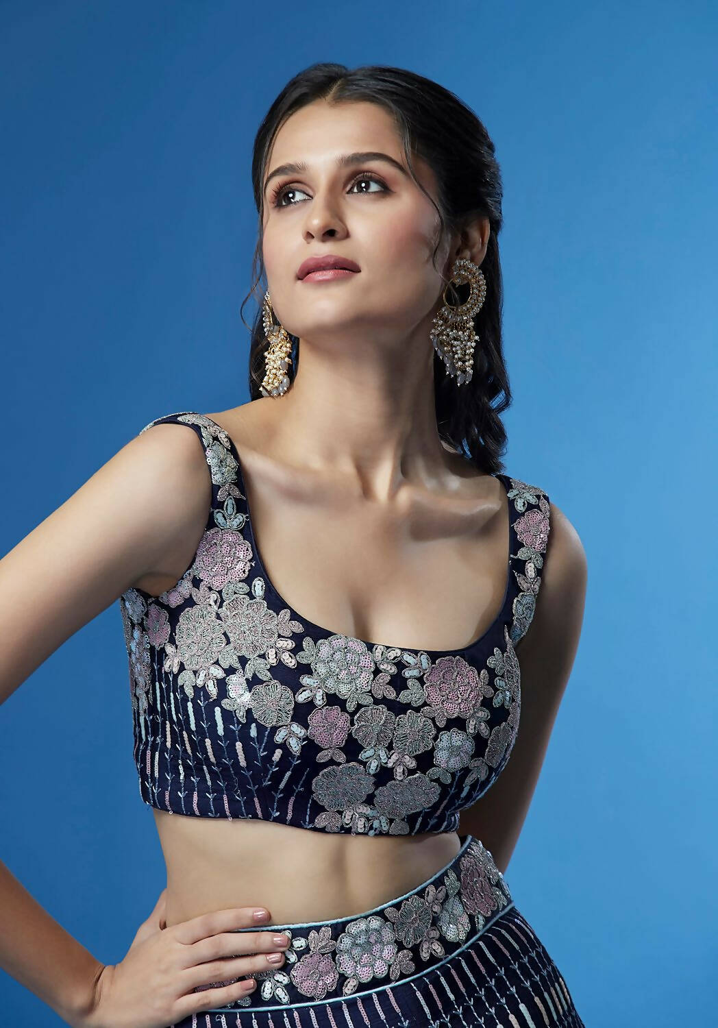 House of Panchhi Navy Blue Color Georgette Multi-Sequins Work Lehenga